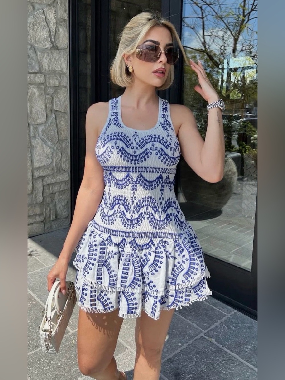 Blue & White Embroidered Fit-and-Flare Dress